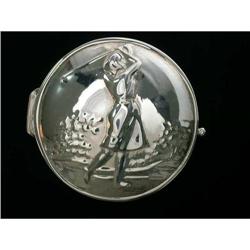 SOLID STERLING Silver Pillbox featuring a woman playing golf (39910)