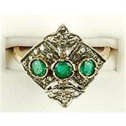 ANTIQUE Style Gold Ring EMERALDS ROSE CUT DIAMONDS (61122)