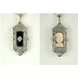 ANTIQUE FLIP NECKLACE BLACK ONYX DIAMOND CAMEO (40192)