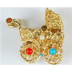 VINTAGE 14k GOLD BABY CARRIAGE CHARM w PEARLS TURQUOISES CORALS circa 1950 (61184)