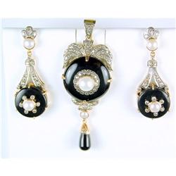 ANTIQUE 18K GOLD EARRINGS PENDANT BLACK ONYX PEARL DIAMONDS (61879)