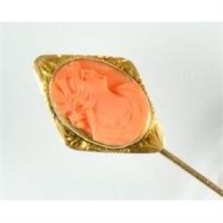 Antique Gold Stickpin CORAL CAMEO (60236)