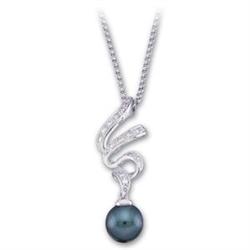 14k White Gold Necklace BLACK PEARL w DIAMOND Pendant (60163)