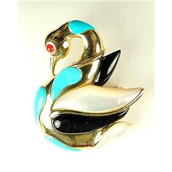 Estate 14K Gold Pin SWAN w  Turquoise Onyx Pearl Coral (60231)