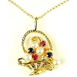 14K GOLD PENDANT BASKET OF FLOWERS RUBY SAPPHIRE PEARL (61335)