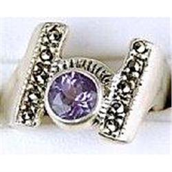 ANTIQUE STERLING RING w AMETHYST AND MARCASITES! (61403)