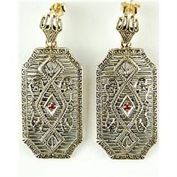 ANTIQUE GOLD FILIGREE EARRINGS w RUBY (61408)