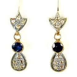 ANTIQUE STYLE GOLD EARRINGS SAPPHIRE ROSE DIAMONDS (61784)