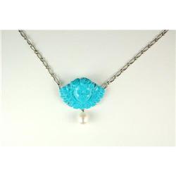 18K NECKLACE TURQUOISE CAMEO CHERUB w PEARL (61815)