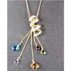 GOLD NECKLACE DIAMONDS GARNET AMETHYST BLUE TOPAZ DANGLING (62072)