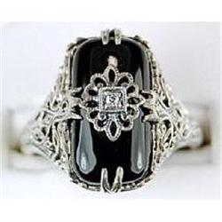 ANTIQUE Style BLACK ONYX RING w DIAMOND (41812)