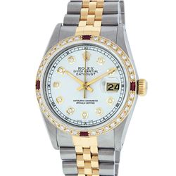 Rolex Mens 2 Tone Silver Diamond & Ruby Datejust Wristwatch