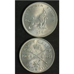Australia Florins 1951 Fed & 1954 RV Gem Unc