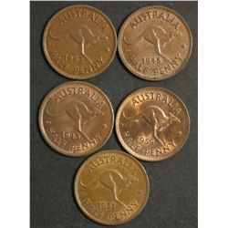Australia Halfpennies 1942M, 43, 48, 51pl, 59
