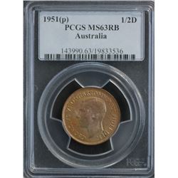 Australia Halfpenny 1951P, PCGS MS 63 RB