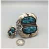 Image 2 : High-Grade Turquoise, Sterling Silver, & Gold, Cuff Bracelet and Ring Set