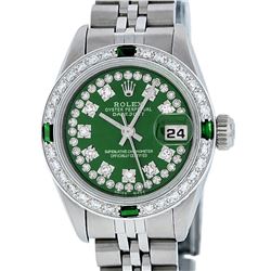 Rolex Ladies Stainless Steel Green Emerald & Diamond Datejust Wristwatch 26MM