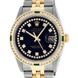 Rolex Mens 2 Tone Black String Diamond & Emerald 36MM Datejust Wristwatch