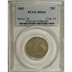 1863 25C MS64 PCGS. The walnut-brown and gunmetal-gray