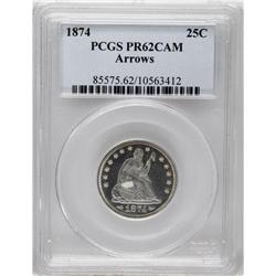 1874 25C Arrows PR62 Cameo PCGS. Dramatic ice-white de