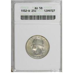 1932-D 25C AU58 ANACS. A satiny and unmarked key date