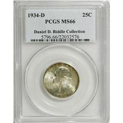 1934-D 25C Medium Motto MS66 PCGS. Ex: Daniel D. Biddl