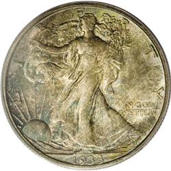 1933-S 50C MS67 PCGS. Variegated ocean-blue and golden