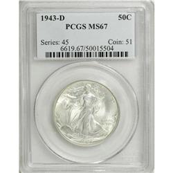 1943-D 50C MS67 PCGS. Delicate cream-tint patina grace