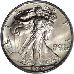 1946 50C MS67 PCGS. Delicate honey-gold and sky-blue t