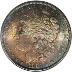1881 S$1 MS66 NGC. Deep crescents of cobalt-blue, ambe