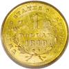 Image 2 : 1849 G$1 No L MS64 PCGS. This first-year-of-issue nar-