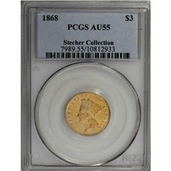 1868 $3 AU55 PCGS. Well struck and lustrous, with an a