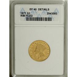 1871 $3 --Rim Filed--ANACS. XF45 Details. This low mint