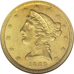 1859-C $5 AU55 NGC. Variety 27-M, the only variety for