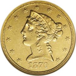 1870-S $5 AU53 NGC. Ex: H.W. Bass Jr. Collection. The