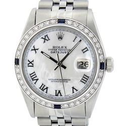 Rolex Men's Stainless Steel MOP Roman 36MM Diamond & Sapphire Datejust Wristwatch