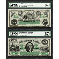 Low Serial Set 1872 $20 & $50 South Carolina Obsolete Notes PMG Superb Gem Unc. 67EPQ