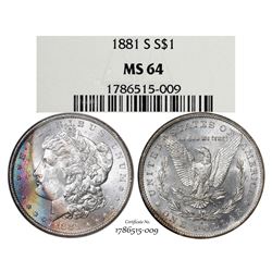 1881-S $1 Morgan Silver Dollar Coin NGC MS64 Amazing Toning