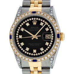 Rolex Men's Two Tone Steel & Gold Black Diamond String & Sapphire Datejust Wristwatch