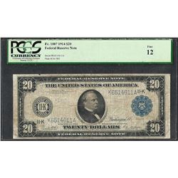 1914 $20 Federal Reserve Note Dallas Fr.1007 PCGS Fine 12
