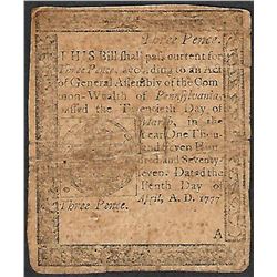 April 10, 1777 Philadelphia Three Pence Colonial Currency Note