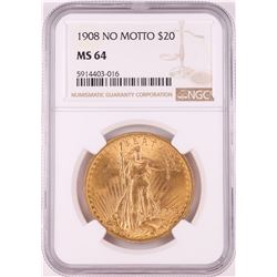 1908 No Motto $20 St. Gaudens Double Eagle Gold Coin NGC MS64