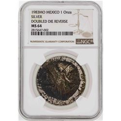 1983MO Mexico 1 Onza Silver Libertad Doubled Die Reverse Coin NGC MS64