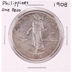 1908 Philippines One Peso Silver Coin