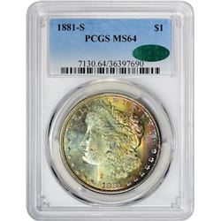 1881-S $1 Morgan Silver Dollar Coin PCGS MS64 CAC Amazing Toning