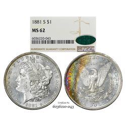 1881-S $1 Morgan Silver Dollar Coin NGC MS62 CAC Amazing Toning