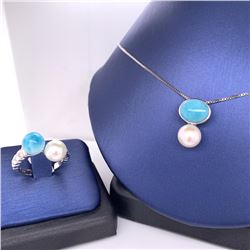925 Sterling Silver Larimar & Pearl. Ring & Pendant