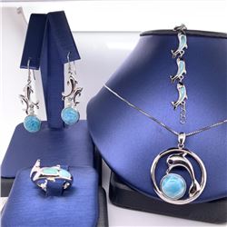 925 Sterling Silver Larimar "Dolphin" Pendant, Ring, Earrings & Bracelet.