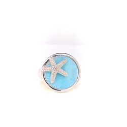 925 Sterling Silver Larimar & Starfish Ring With Rhodium