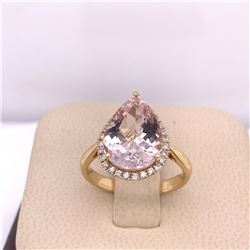14Kt Gold. 4.15 TCW of Natural Kunzite & Diamonds Ring.